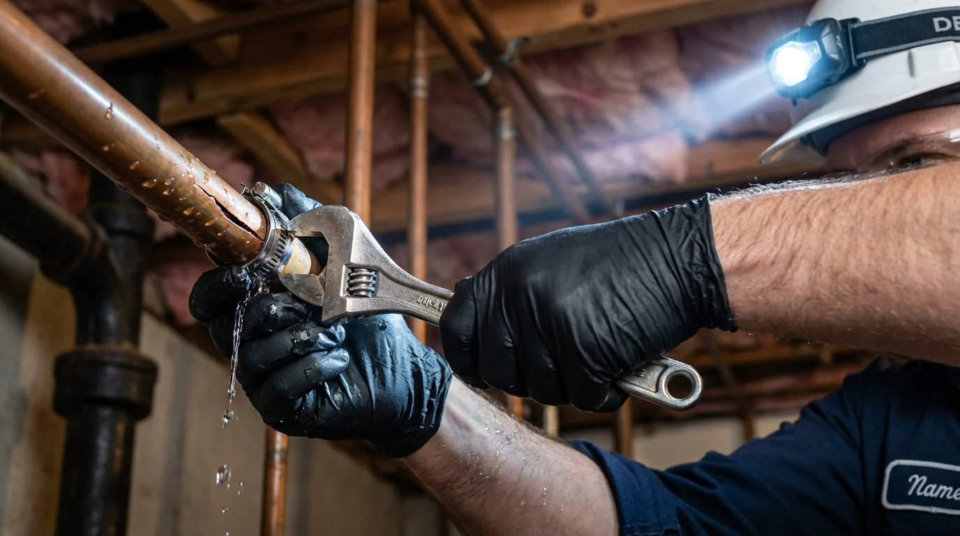 Emergency pipe clamp repair being performed by a Johns Plumbing LLC plumber in Laughlin