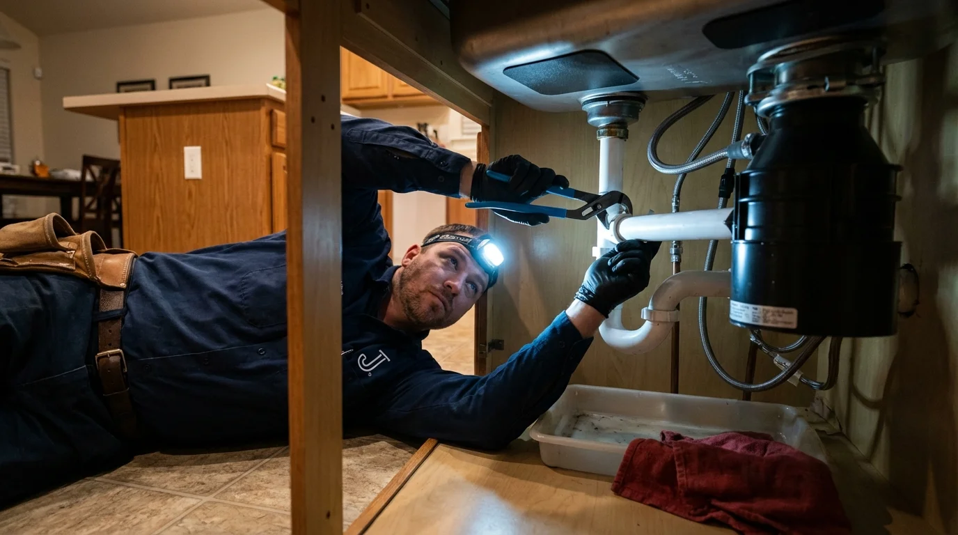 P-trap and supply line connections under a kitchen sink showing a common leak point in Laughlin, NV